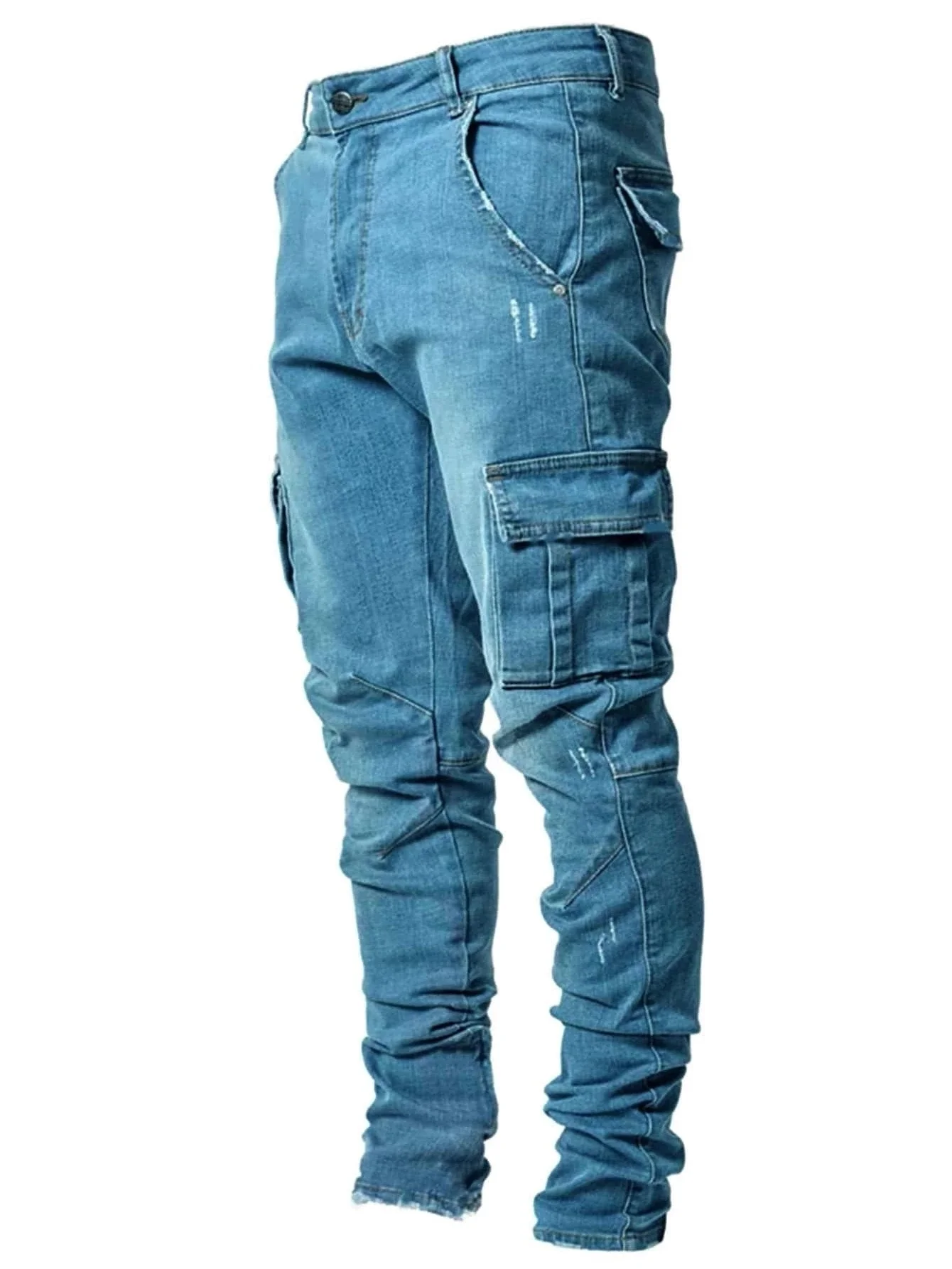 

2023 New Europe Jeans Men Pencil Pants Casual Cotton Denim Ripped Distressed Hole Fashion Pants Side Pockets Cargo 12A4823