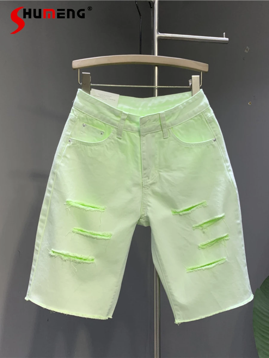

European 2022 Summer New Fluorescent Green Non-Elastic Denim Shorts Women's Fashion Simple Knee Ripped Burr Straight-Leg Jeans
