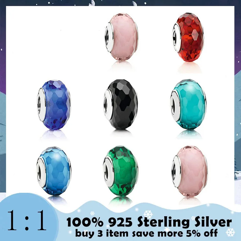 

Fashionable Personality Charms Pure 100%925 Sterling Silver Large Cut Dark Green Glass Beads Female