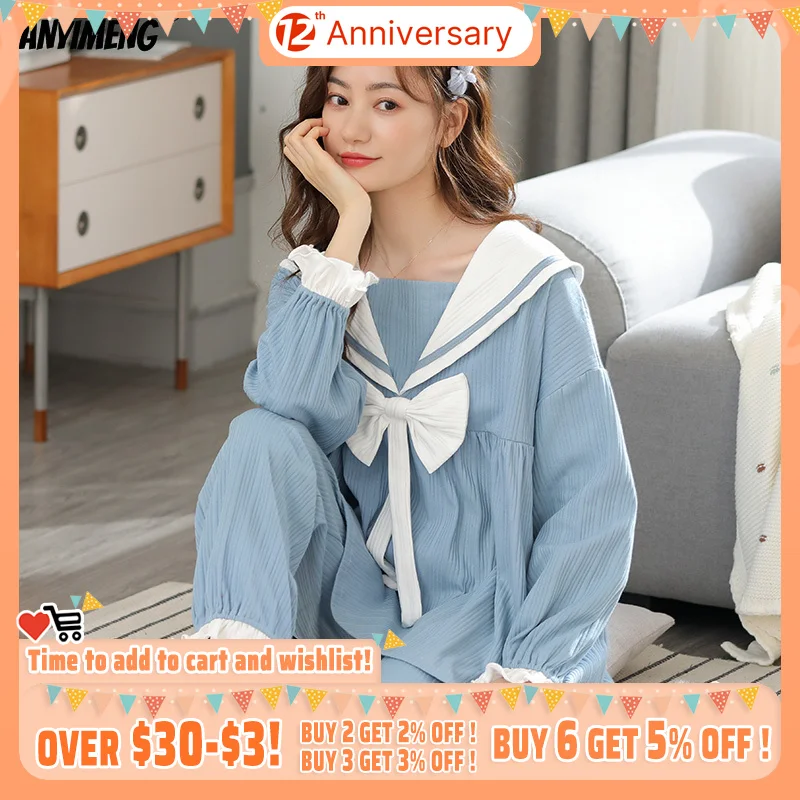 

Women's Pajamas Princess Style Cotton Spring Fall Navy Collar Pyjamas Asian Size Bow Sky Blue Kawaii Pajamas Korean Youth Pj Set