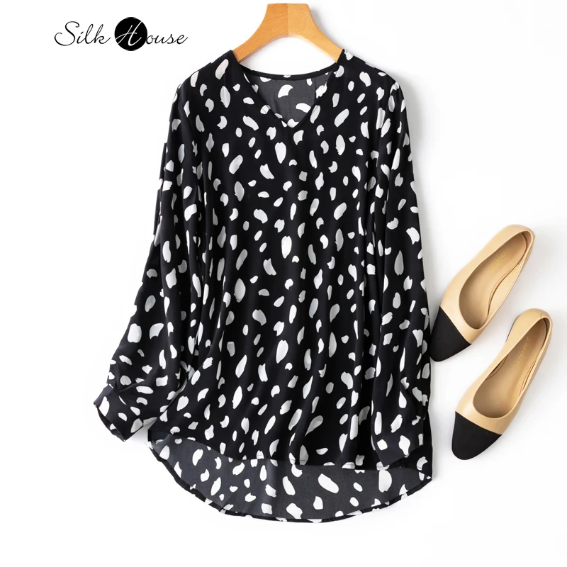 

Natural Mulberry Silk Crepe De Chine Black and White Spring Summer Women's Clothes Fashion Long Sleeve Top V-neck T-shirt Loose