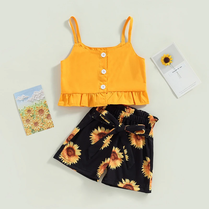 

Kids Girls Summer 2Pcs Outfits Toddler Children Button Down Cami Tops + Sunflower Belted Shorts Set for Girls