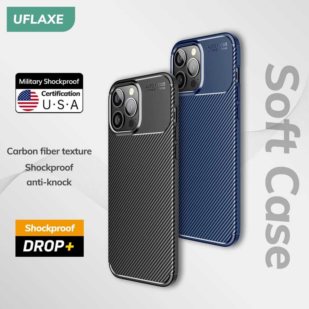 UFLAXE Original Shockproof Soft Silicone Case for Apple iPhone 13 Pro Max iPhone 13 Mini Carbon Fiber Back Cover Casing