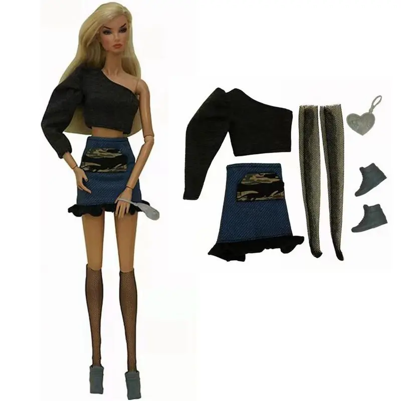 

Black 1/6 Doll Clothes For Barbie Outfits Set Shirt Crop Top Jeans Skirt Shoes Bag 11.5" BJD Dollhouse Accessories Toys for Kids