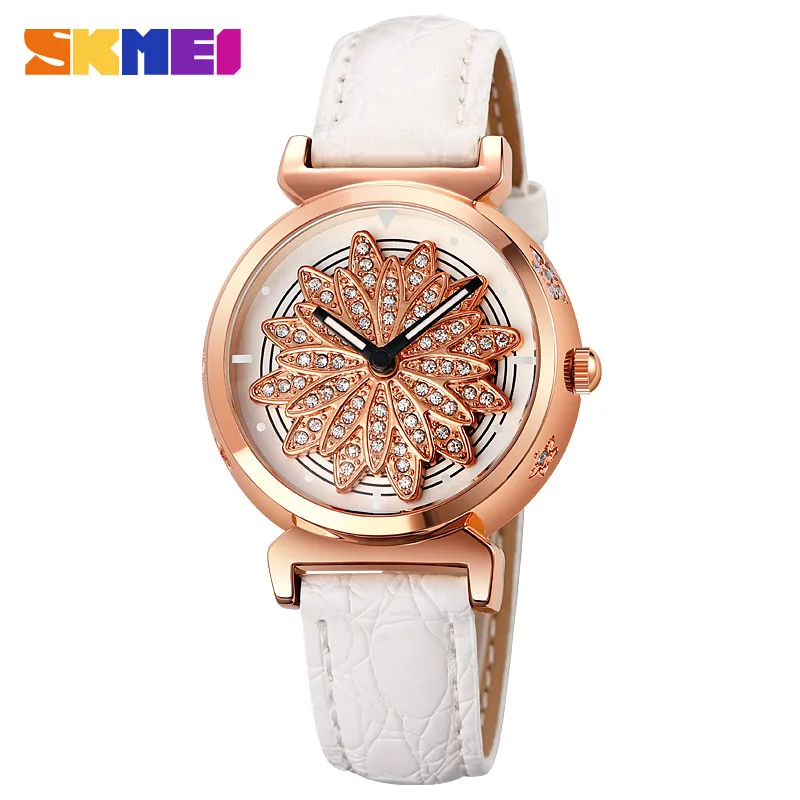 Skmei Fashion Good Luck Comes Women's Watch Diamond Flower-Shaped Rotating Dial Waterproof Women's Quartz Watch images - 6
