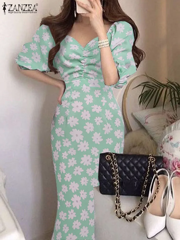 

ZANZEA Women Floral Print Long Dress Elegant Puff Half Sleeve Party Sundress Casual Slimming Midi Dresses 2023 Summer Vestidos