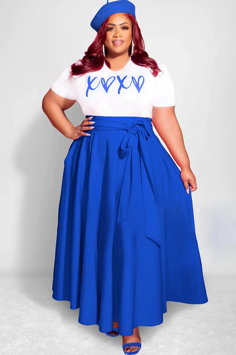 Plus Size New Women's Dress High Waist Lace-up Pocket A-line Skirt Letter Print Long Dress Loose Casual Female Clothes Robe