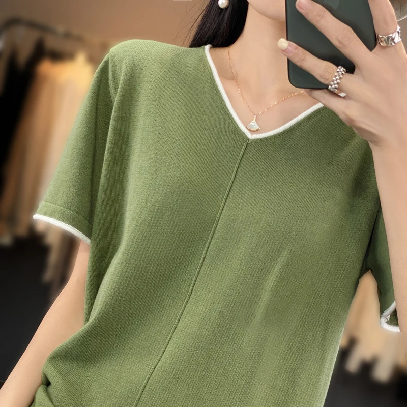 

Женский хлопковый пуловер с V-образным вырезом, Свободный Повседневный трикотажный простой удобный Изысканный топ с коротким рукавом, лето ...