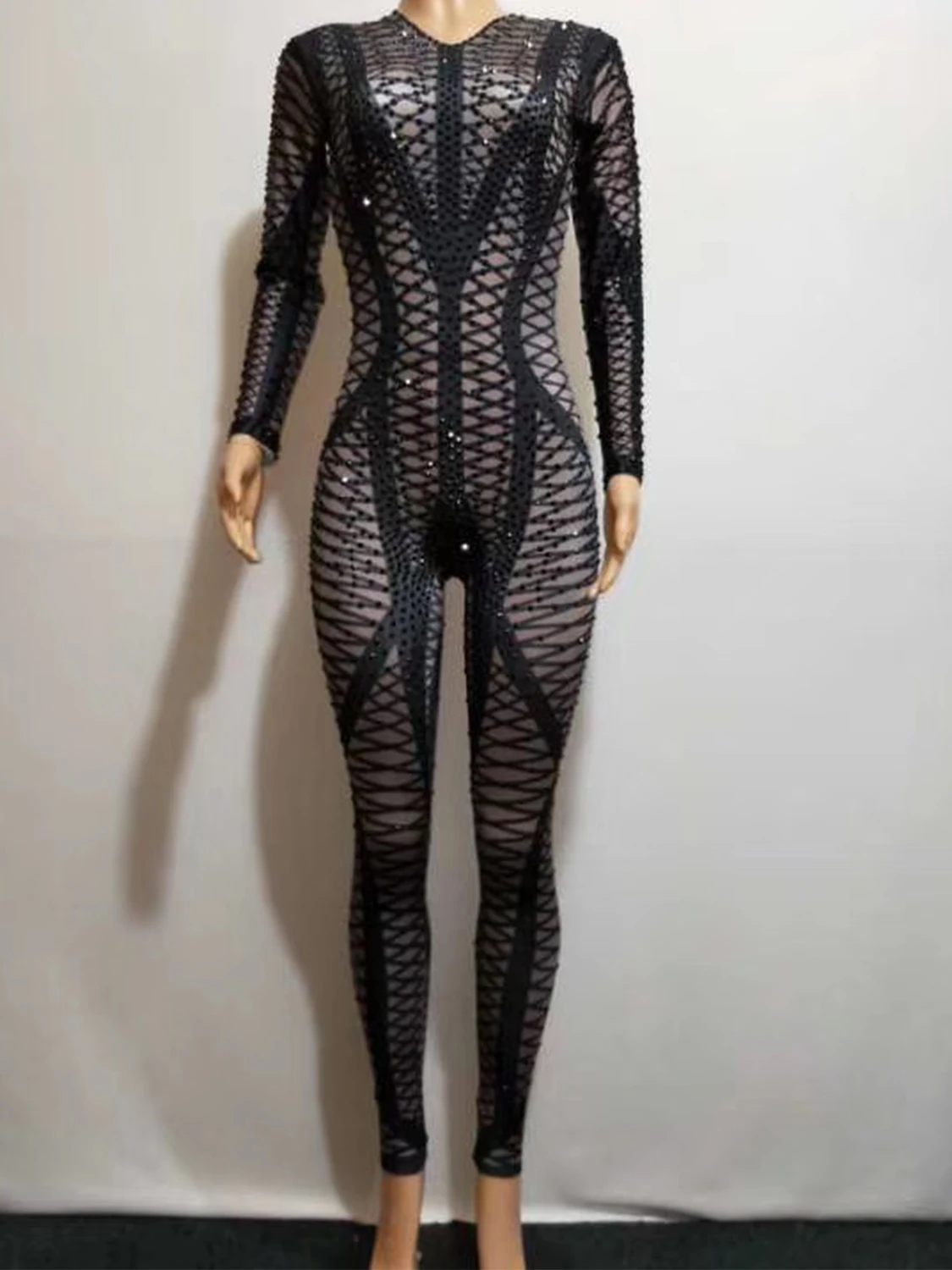 

Black Shining Rhinestones Mesh Sexy Women Jumpsuits Long Sleeves Nightclub Bar DJ Clothing Stage Singer Performance Costumes