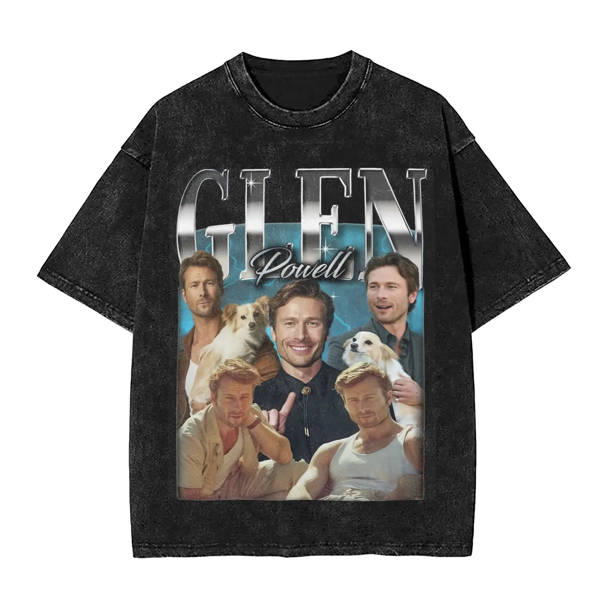 Промытая футболка Glen Powells новинка в стиле хип-хоп уличная одежда топы из 100% хлопка