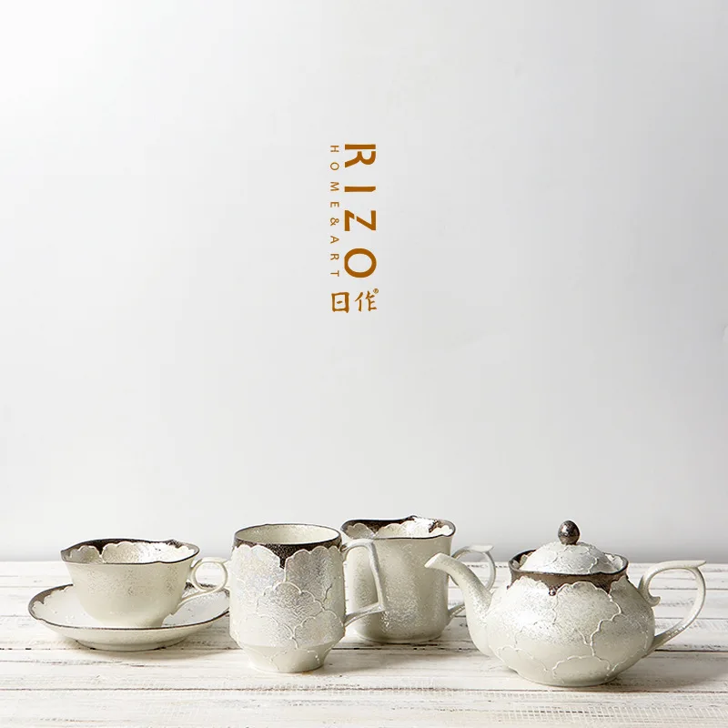 Японская печь Arita Yaku Bunshan Pearl White Glazed Sier Edged P Кофейная чашка Блюдо Чайник Кружка