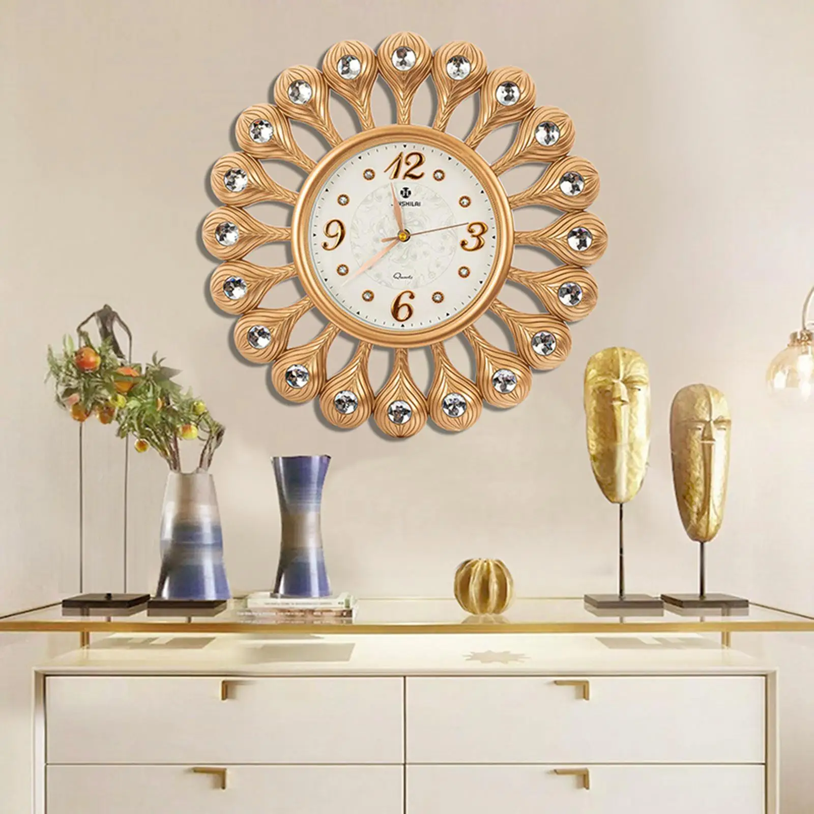 

Большие настенные часы с павлиньими перьями для гостиной, бесшумные электронные часы для ресторана на батарейках с бесшумным механизмом