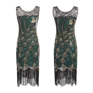 Long Dresses for Women Women's Sequined Dress 1920s Sequins Beads Long Tassel Inserts Dress Long Sleeve Semi Formal Dress