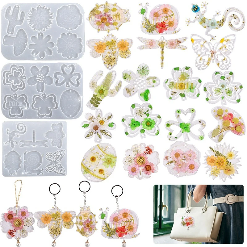 

Diy Easter Epoxy Resin Pendant Hang Tag Mold Clover Mushroom Flower Insect Keychain Silicone Mold