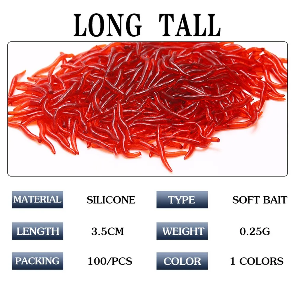 

100Pcs/Pack Bionic Red Earthworm Silicone Soft Silicone Bait Worms Carp Fishing Lure Set Artificial Fish Tackle Baits 35mm