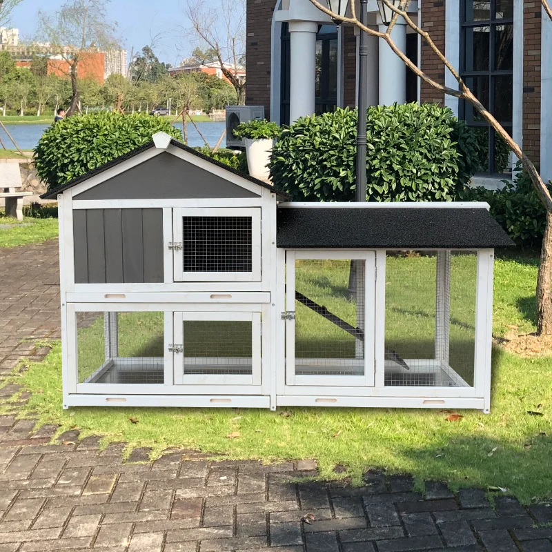

[Flash Deal]Removable Tray Ramp Wooden Outdoor Rabbit Hutch with Running Cage Non-slip Ladder Ramp with Asphalt Felt and Slat