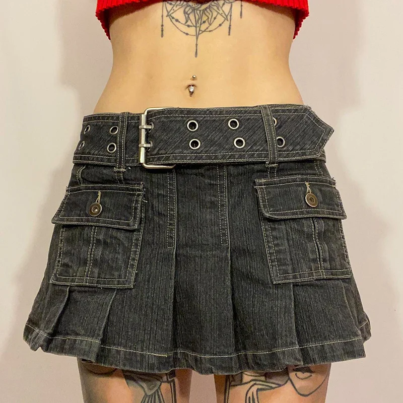 

Vintage Cargo Skirts Jeans Ladies Low Waist Ruffles Hem Pleated Denim A-line Mini Skirt with Belt Women Fashion Streetwear