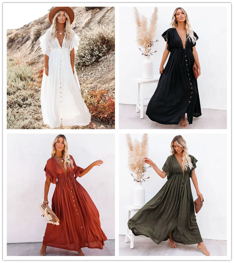 Белое накидка на бикини кафтан женское длинное платье макси однотонное