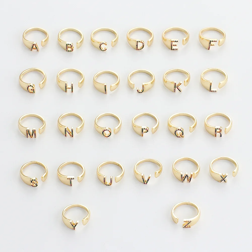 

New In Vintage Personality Copper 18K Gold Micro-inset Color Zircon 26 Letter Adjustable Opening Ring For Women Fashion Jewelry