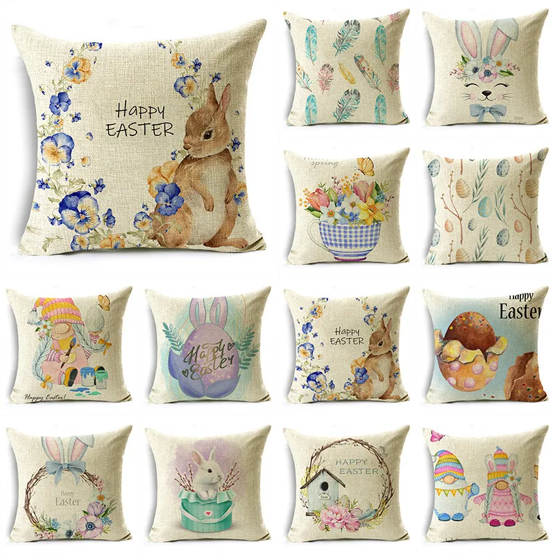 

Feather Blue Flower Easter Rabbit Linen Throw Pillowcase Office Sofa Bedroom 40*40cm/45*45cm/50*50cm