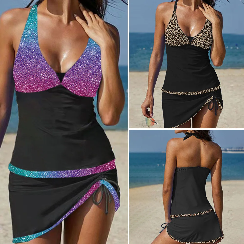 

Women 2023 Two Piece Swimsuits New Sexy V Neck Swimdress Bikinis Woman Fashion Gold Print Swimwear Tankini Set Bathsuit