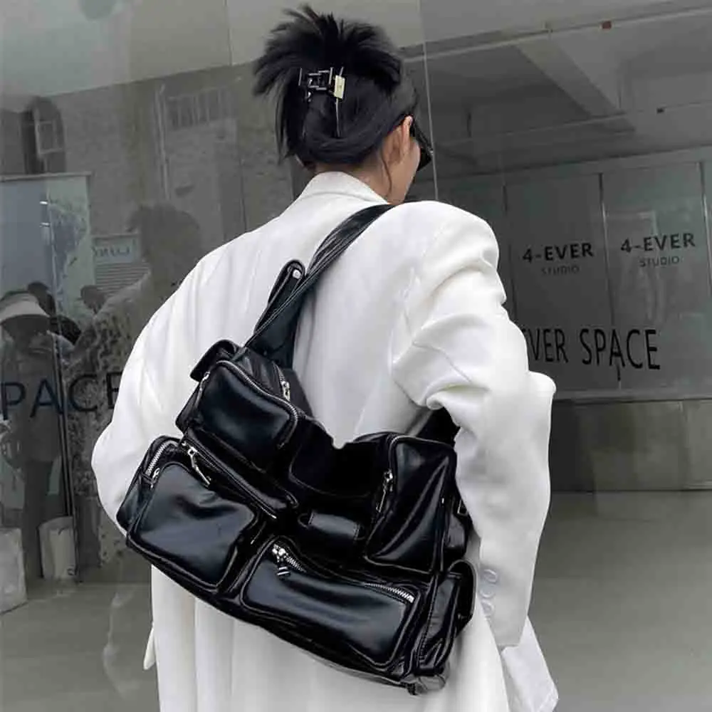 Unique Designer Women Handbag Fashion Streetwear Shoulder Bag Punk Style PU Leather Large Tote Hot Girls Saddle Bag Black 2023