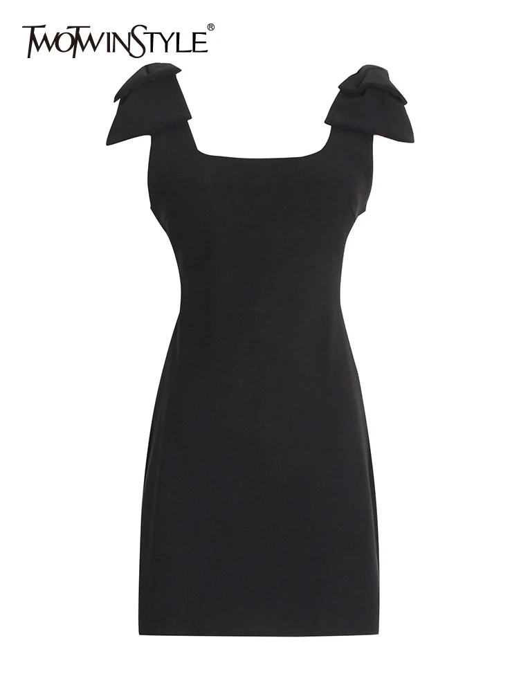 

Женское мини-платье без рукавов TWOTWINSTYLE, черное платье составного кроя с квадратным вырезом, бантом и высокой талией в Корейском стиле на лет...