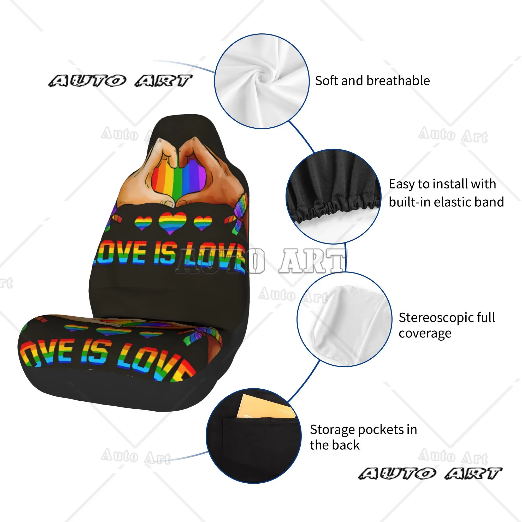 Фото Pride Month Love Is Love with Rainbow Heart Hands Art Комплект защиты автомобильных чехлов - 2 предмета - Легко чистится - Подходит №5