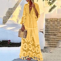 indie beach casual maxi long dress autumn fashion bohemian large v neck solid color lace tassel dresses mujer robe vestidos