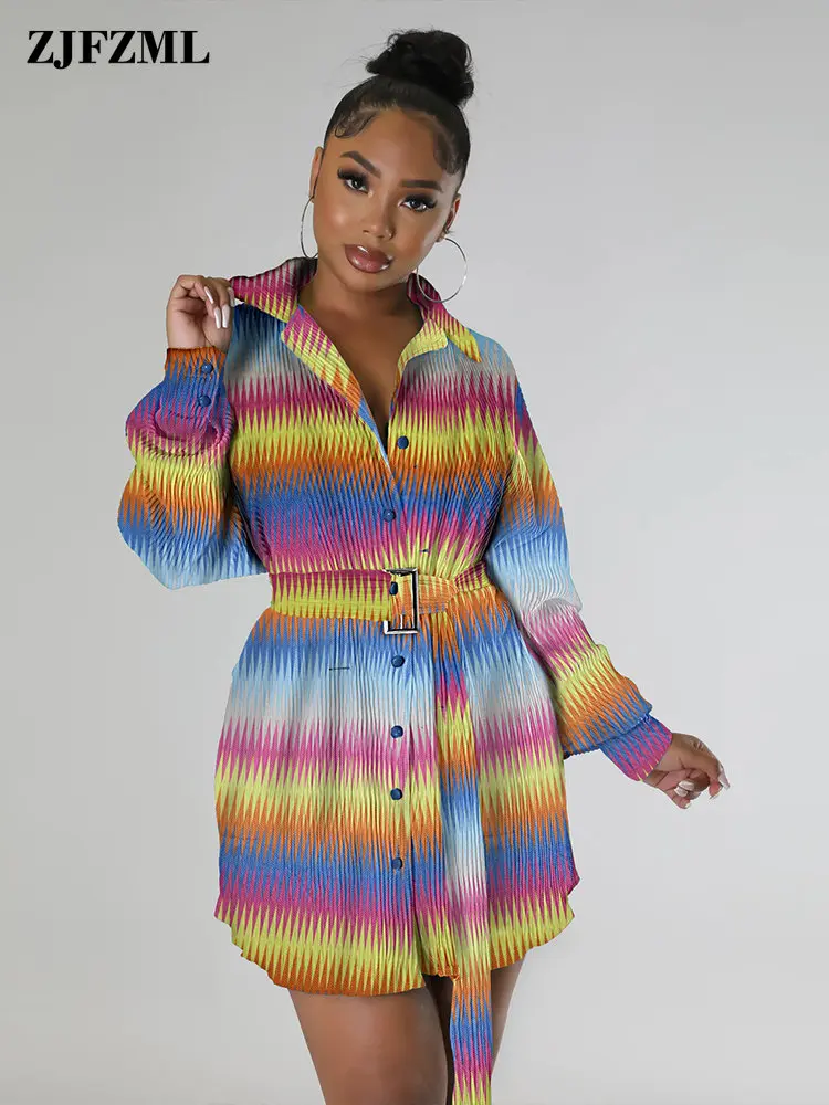 

Женское винтажное платье-рубашка на пуговицах, разноцветное платье с отложным воротником и длинным рукавом, блузка с цветочным принтом, уличная одежда с поясом