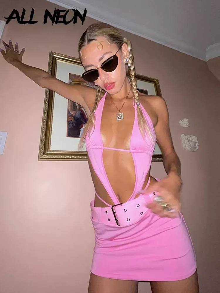

ALLNeon Cyber Y2K Aesthetics Pink Deep V Bandage Halter Dresses 2000s Clubwear Sexy Backless Belted Hollow Out Party Dress Rave