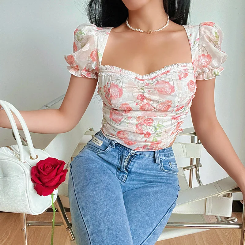 

Женская шифоновая блузка с цветочным принтом, квадратным вырезом и рукавами-фонариками