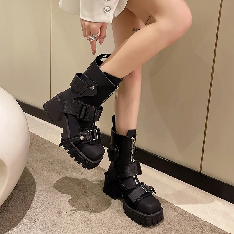 Internet Hot Short Autumn and Winter 2022 New Thick Bottom Chunky Heel Small Skinny Square Toe Women's Chelsea Boots