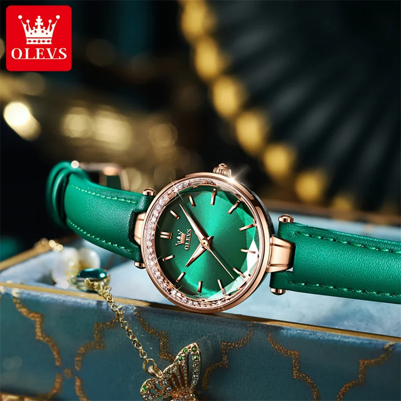 OLEVS High Quality Diamond Quartz Watch Top Brand Luxury Fashion Waterproof Ladies Watches Leather Strap Wristwatch for Women