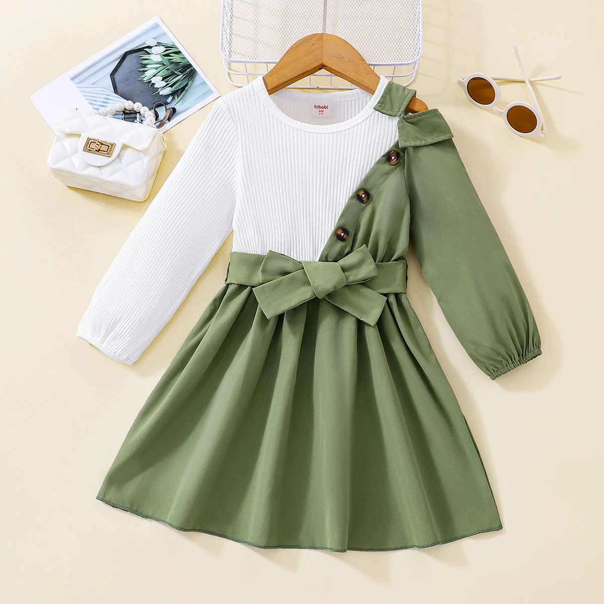 

hibobi Toddler Color-block Bowknot Decor Long Sleeve Dress Autumn Princess Party Dresses Toddler Girl Kids Clothes