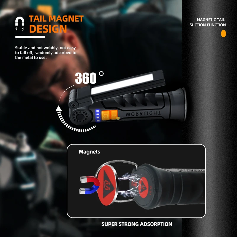 Портативный Перезаряжаемый Usb-фонарик Cob С Магнитом И Крючком 4 Режима Освещения