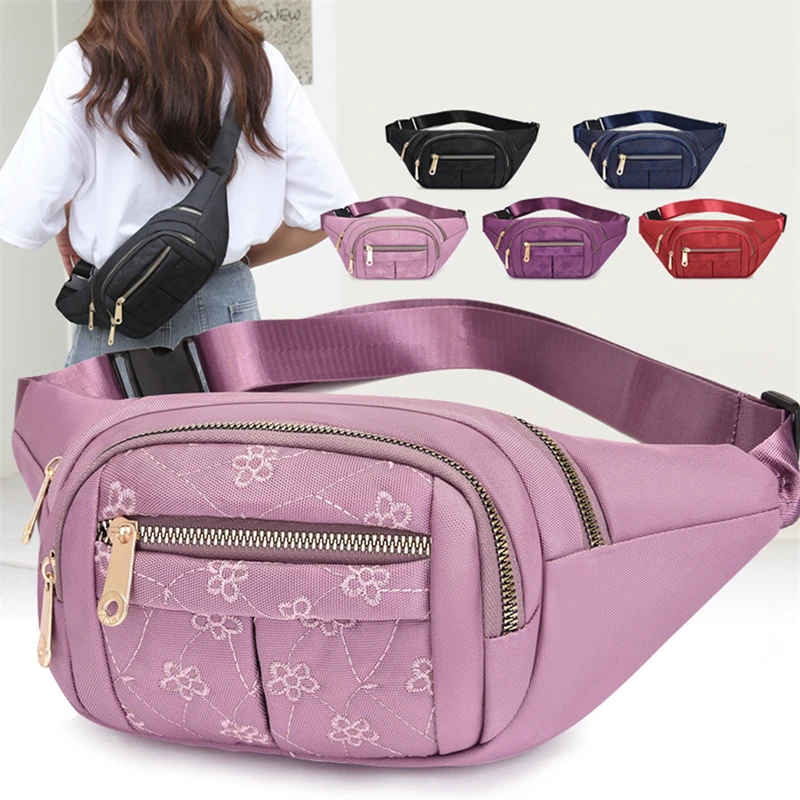 

Поясная сумка для женщин на молнии, нагрудная сумочка на цепочке с вышивкой, однотонный саквояж кросс-боди для мобильного телефона
