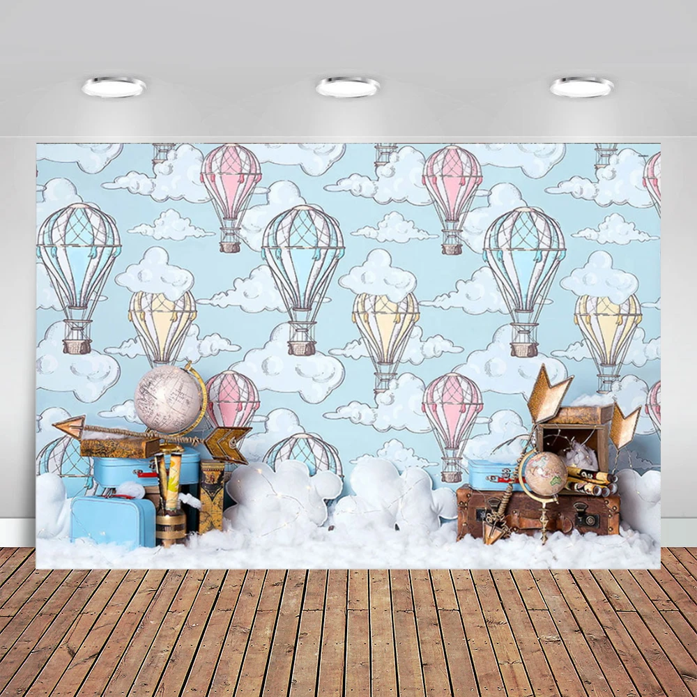 

Photography Background Hot Air Balloon Blue Sky and White Clouds Baptism My First Communion Decor Backdrop Photo Studio