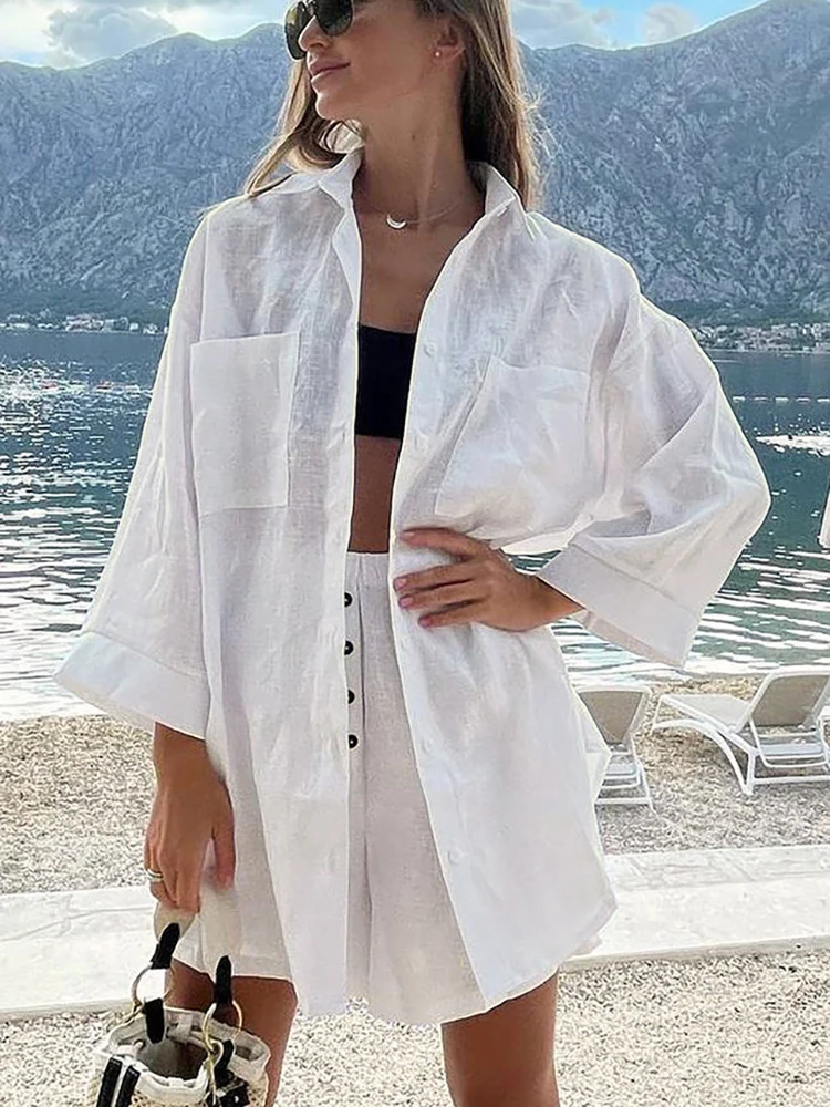 

Cotton Linen Women Suits Oversized Casual Thin White Lapel Shirt 2 Pieces Sets Summer Holiday Elastic Waist Shorts Outfit