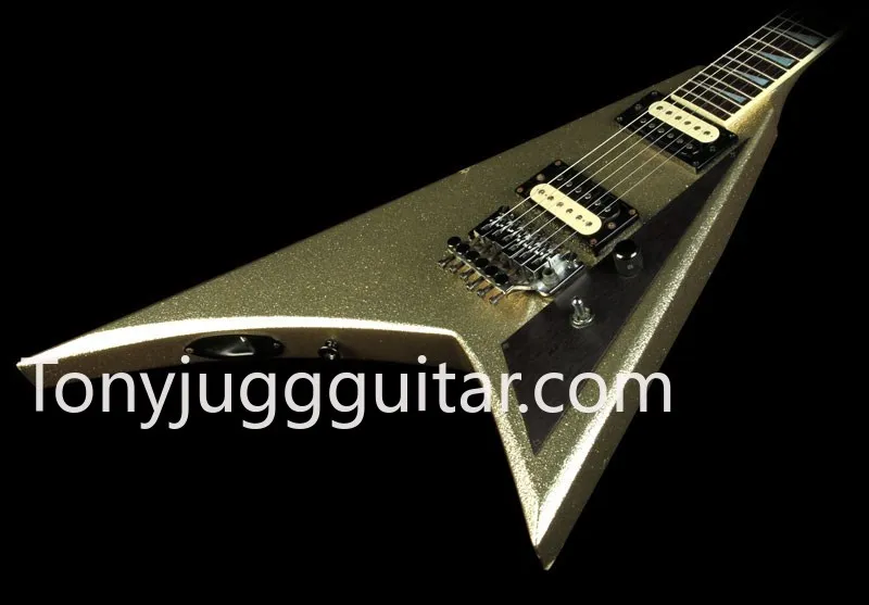 

Jack First Five 30th Anniversary Randy Rhoads Gold Metal Flake Sparkle Flying V Electric Guitar Reverse Shark Fin Floyd Rose