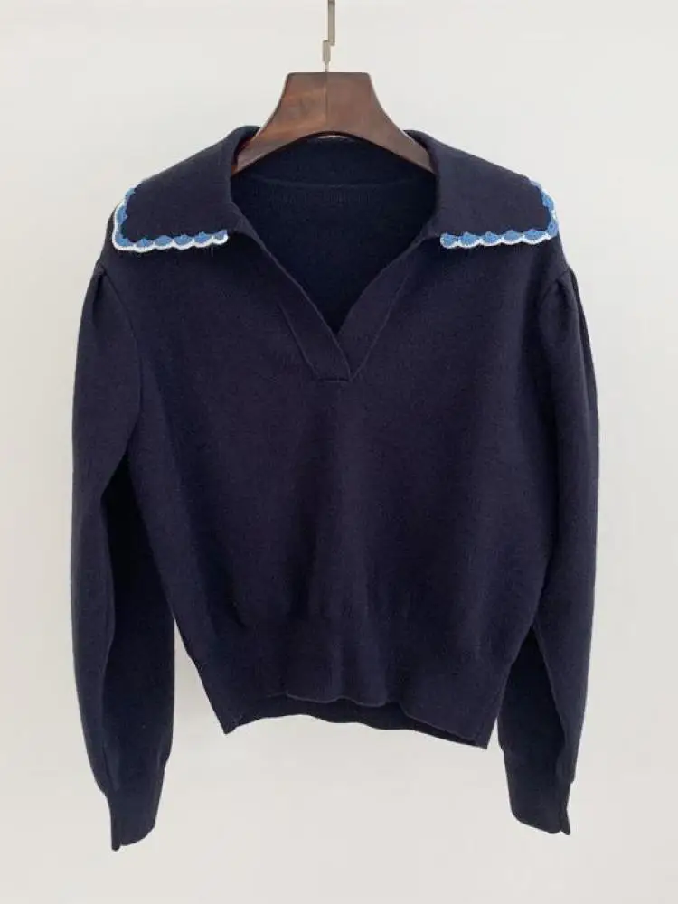 

Высококачественная Повседневная вязаная футболка, винтажный пуловер с кукольным воротником, свитер для женщин, корейская мода 2022, женская ...