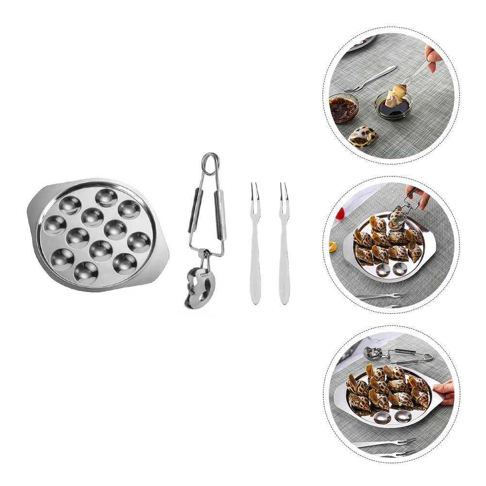 

Escargot Plate Dish Snail Serving Oyster Steel Dishes Baking Tongs Cooking Stainless Mushroom Conch Seafood Shell Fork Tray Set