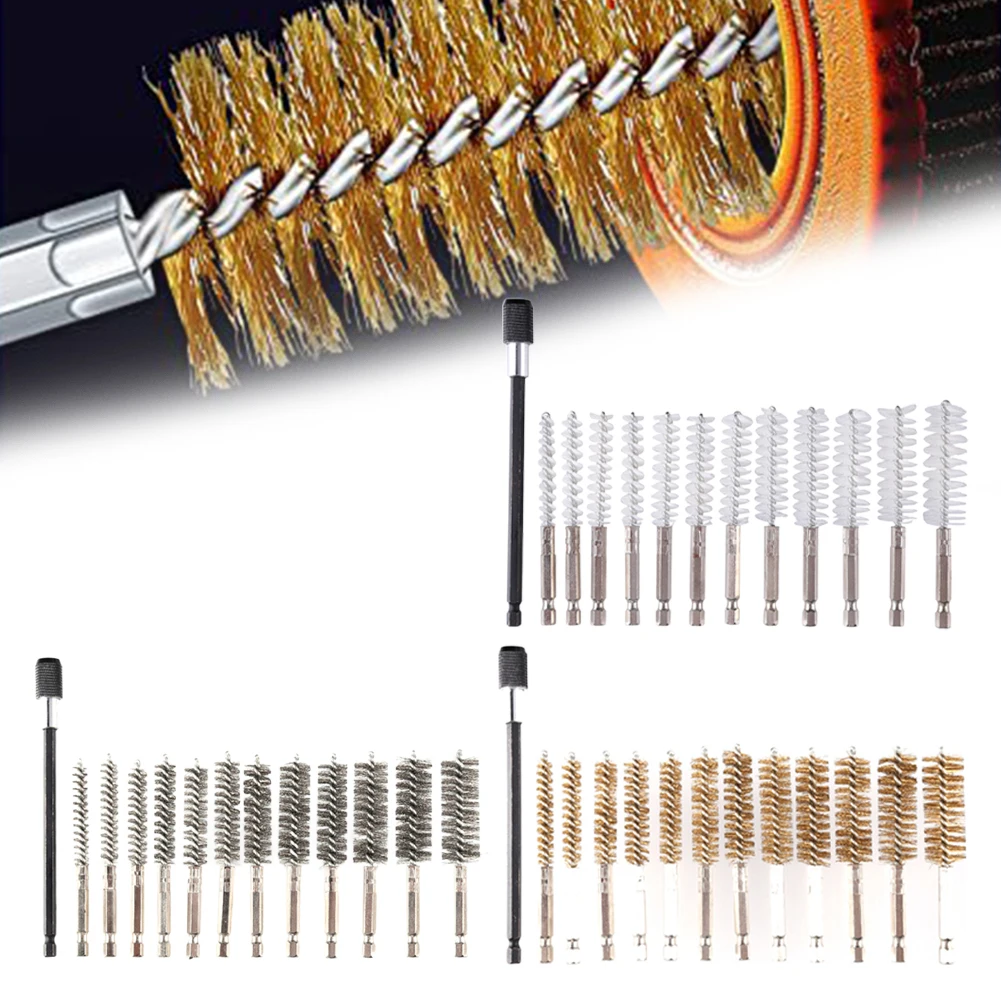 

12pcs Electric Impact Drill Hex Shank Brush With Rod Cleaning Brushes Paint Remover Wire Rust Cleaner Polishing Grinding Tool