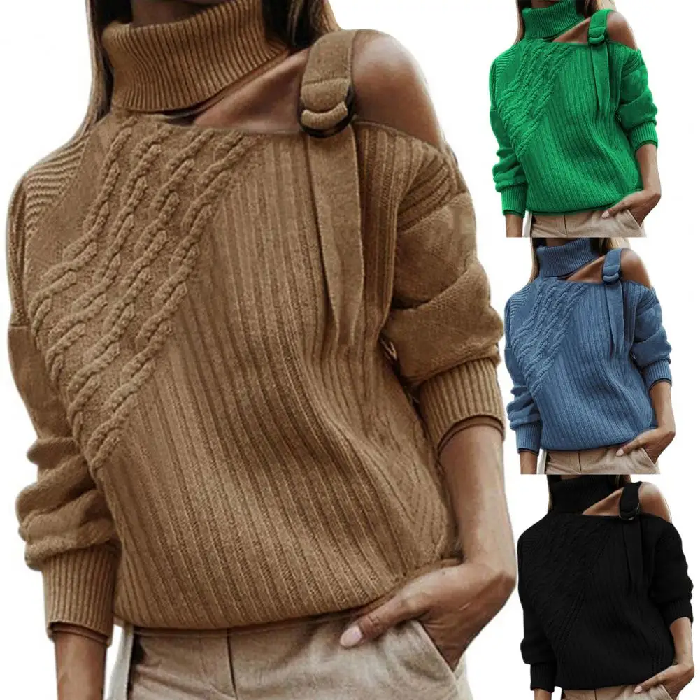 

Women Sweater Turtleneck Solid Color One-shoulder Cut Out Spring Sweater for Daily Wear