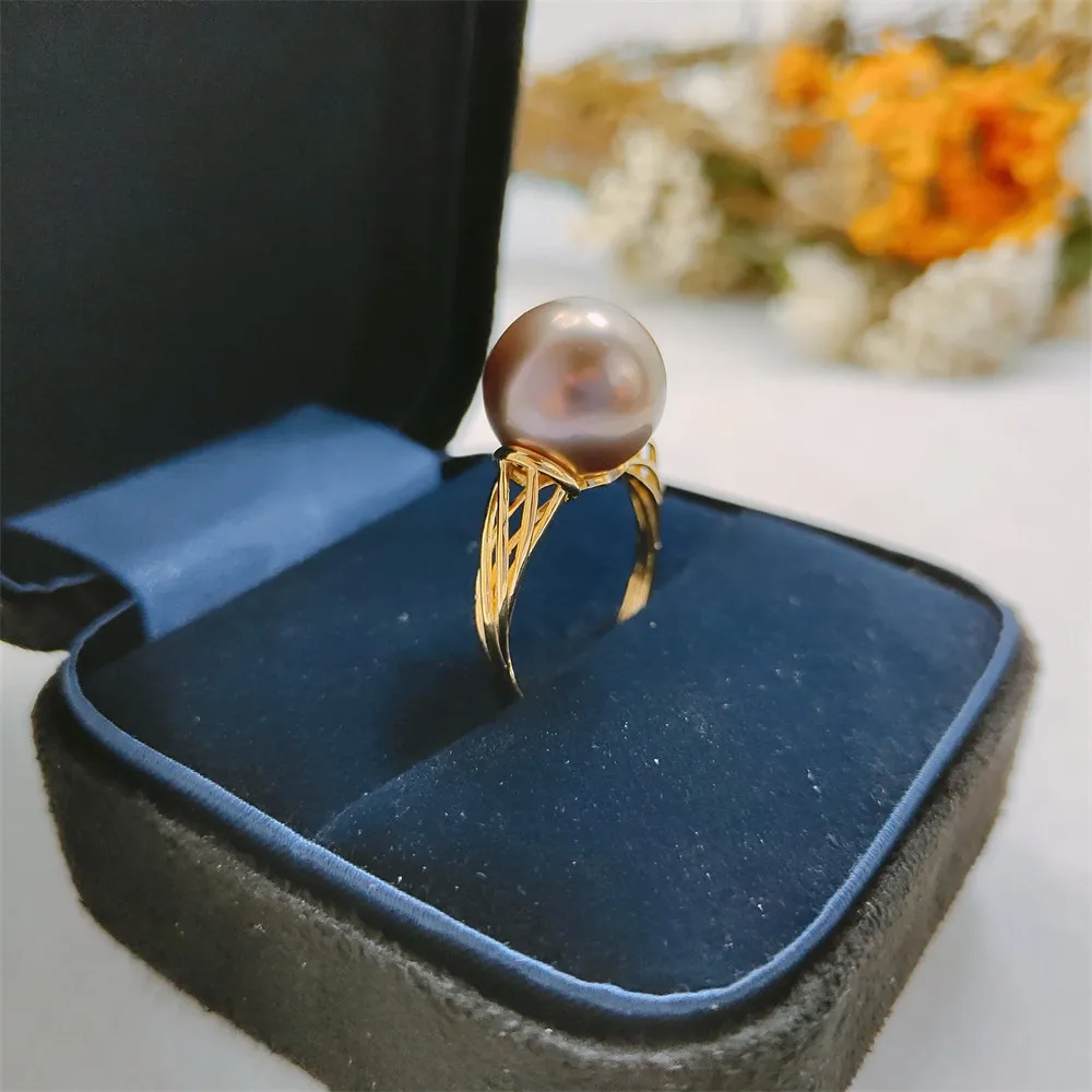 

S925 sterling silver wrapped real gold half hole bead holder ring handmade diy sticky crystal pearl inlay empty holder open ring