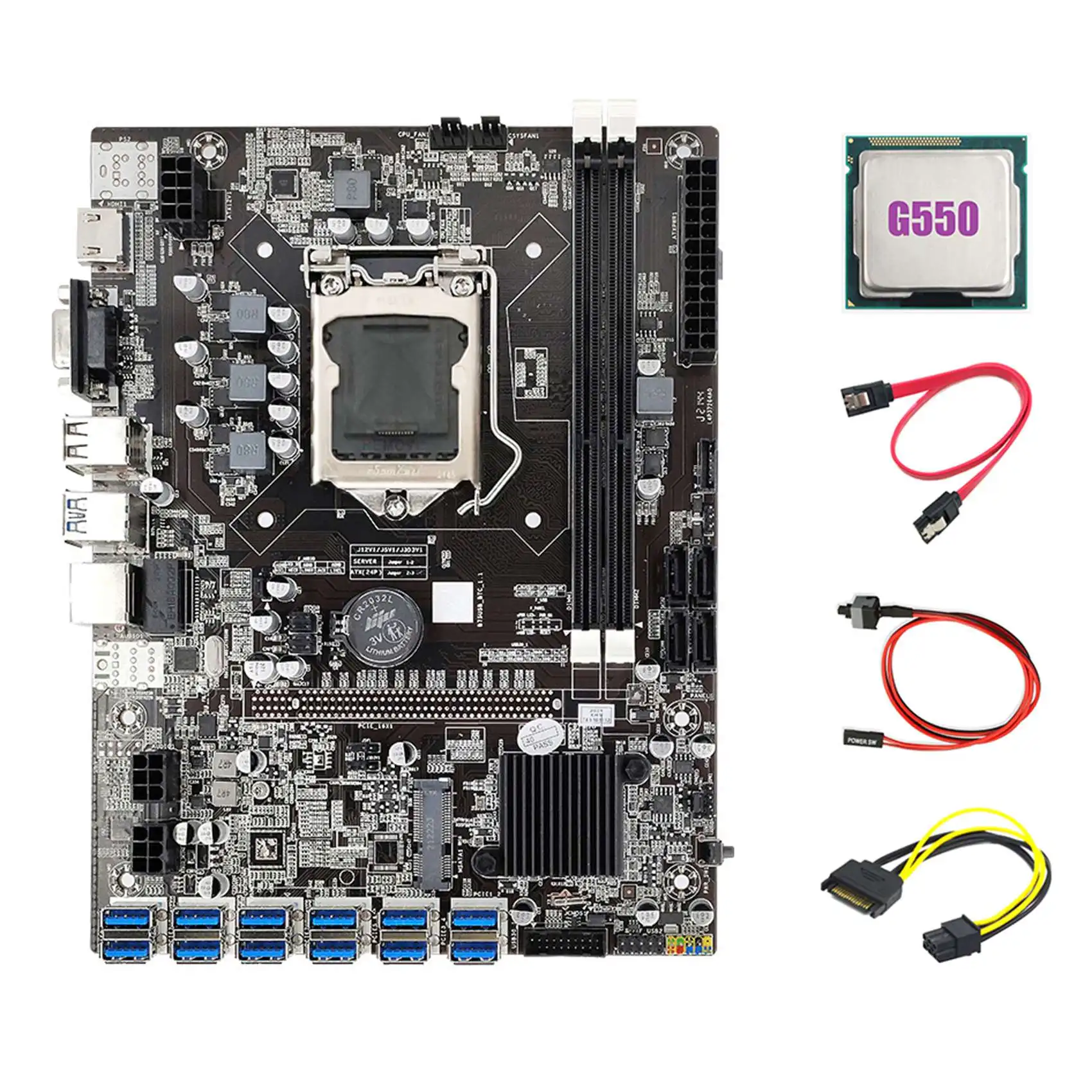 B75 ETH Miner Motherboard 12 PCIE to USB+G550 CPU+SATA 15Pin to 6Pin Cable+Switch Cable+SATA Cable LGA1155 Motherboard