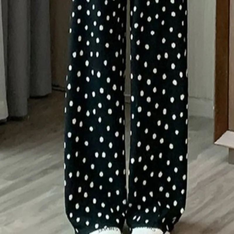 Белые широкие брюки в горошек женские летние свободные повседневные спортивные