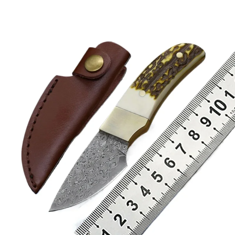Маленький фиксированный нож из дамасской стали с ручкой рога оленя тактический