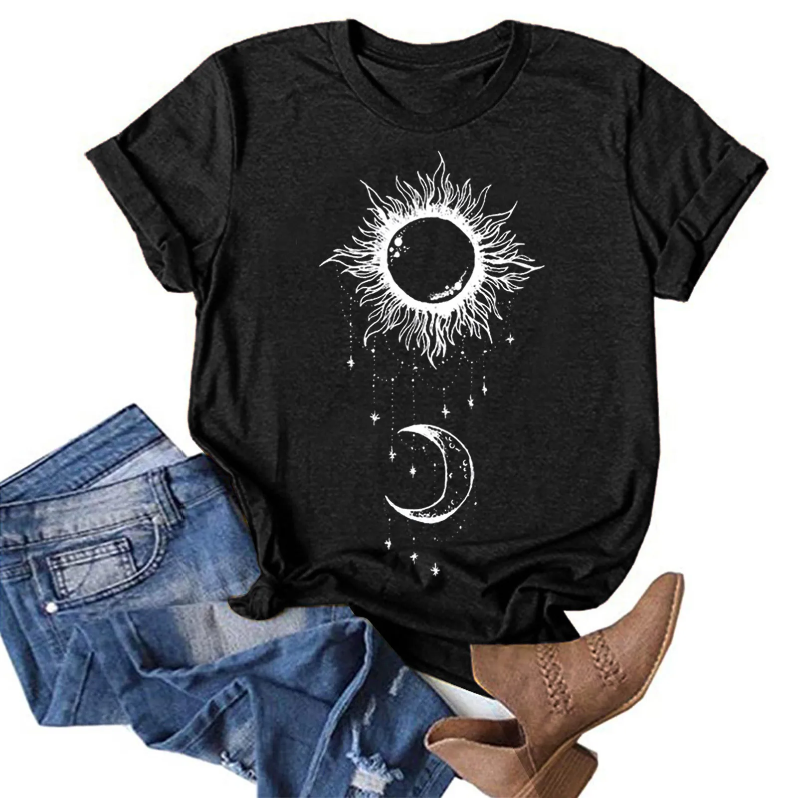 Shirt Women Long Sleeve Women Casual Top Shirt Sun Moon Star Printed T Shirt Shirt Women Long Sleeve Womens Long Sleeve Tees