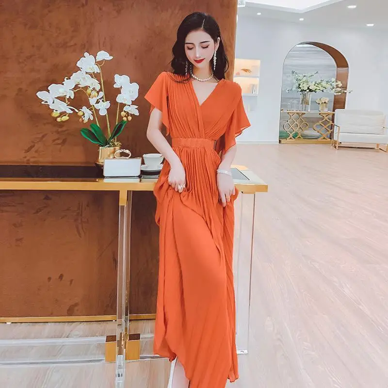 

Женское плиссированное платье, однотонное свободное платье с V-образным вырезом и коротким рукавом, E79, лето 2022